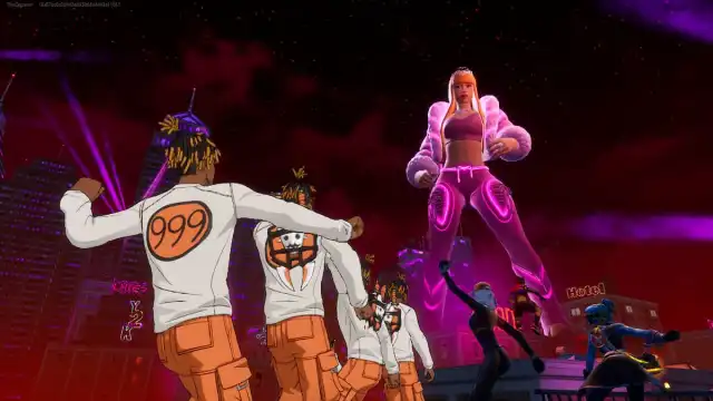 Picture showing Ice Spice rapping while Fortnite players enjoy the live event.