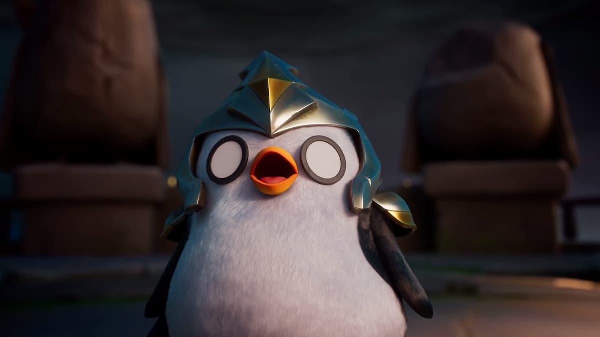 Pengu wearing silver head armor with eyes wide and orange beak open in TFT